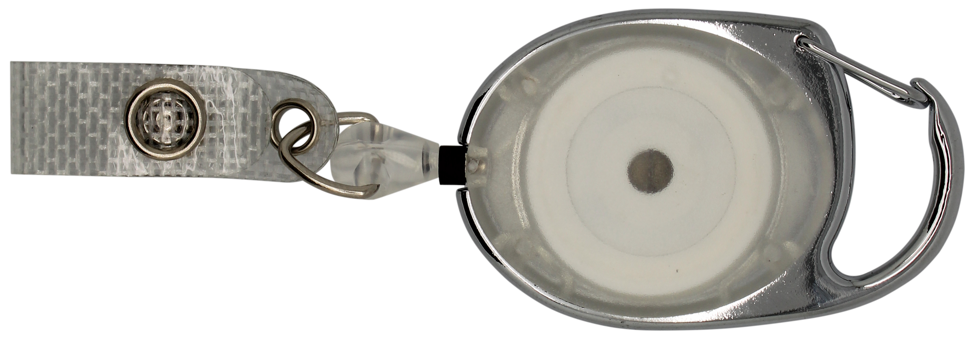 Jojo oval, transparent, Karabinerhaken. textilverstärkte Lasche, Nylonschnur 80 cm 