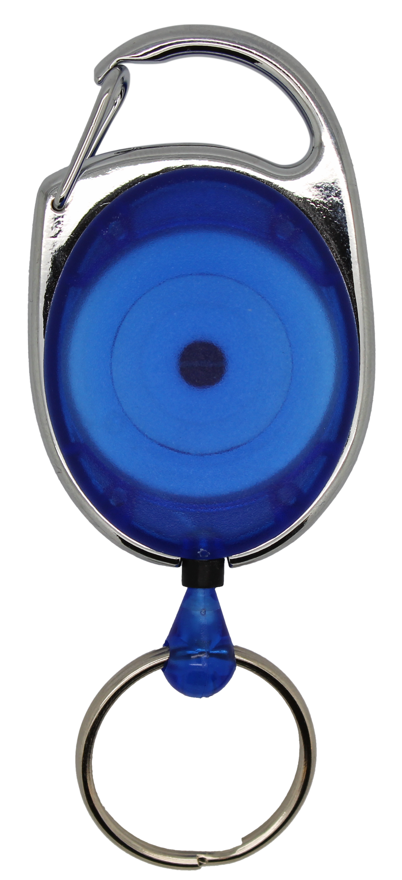 Jojo, oval, transparent, Karabinerhaken Schlüsselring, Nylonschnur 60 cm, Farbe: blau 